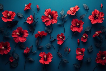 Wall Mural - Red Hibiscus Flowers and Dark Green Leaves on a Deep Blue Background