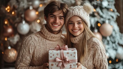 Sticker - A young couple dressed in matching sweaters smiles as they hold a festive gift. The backdrop features a beautifully decorated Christmas tree with warm lights