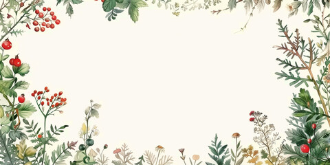 landing page. mockup made of crumpled white paper page with a frame border floral nature flowers berries forest Central page blank drawn with watercolor. scrapbooking sheets