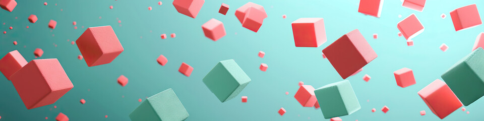 Poster - Coral and Mint Abstract Texture with Drifting Pink Squares