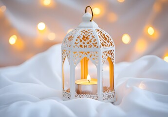 Intricate White Lantern with Candle for Ramadan