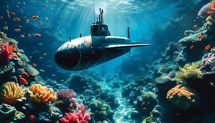 Vibrant underwater adventure with a submarine exploring colorful coral reefs and playful fish