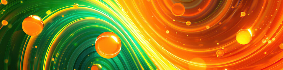 Poster - Energetic Orange and Green Abstract Spirals with Bouncing Yellow Circles