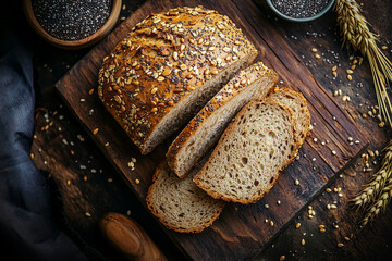 A freshly baked sourdough loaf with whole grain flour, sliced and arranged on a wooden board,luffy bread emphasizes comfort, health, and homemade goodness.greentea
