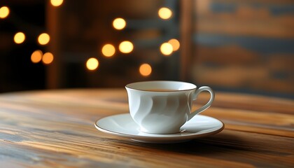 Serene morning tea experience with a white ceramic cup on a warm wooden table under soft lighting