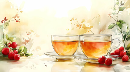 Two Cups of Tea with Berries and Watercolor Leaves