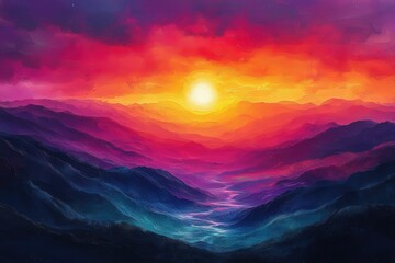 Poster - The sky erupts with warm hues of orange, pink, and purple as the sun sets behind a majestic mountain range, casting a peaceful glow over the valley below