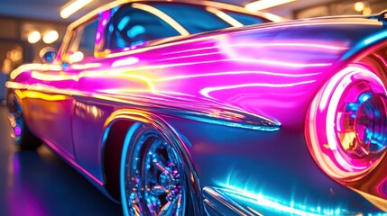 Aufkleber - A vintage car stands out amid colorful neon lights, reflecting hues of pink and blue. The captivating display highlights its sleek design against a dynamic urban backdrop