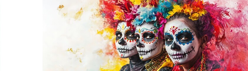 Colorful day of the dead celebration featuring three individuals adorned with decorative skull makeup, floral headdresses, and vibrant backgrounds.