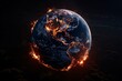 © Canary - Planet Earth is burning in dark space. World burning with fire from space. Concept of global warming and climatic changes. AI generated