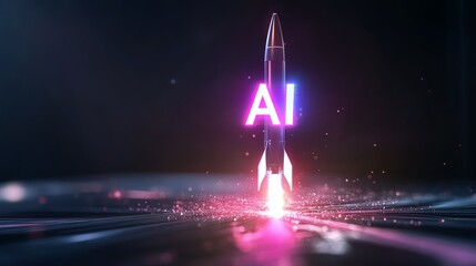 futuristic ai rocket launch with glowing neon lights, showcasing artificial intelligence and innovat
