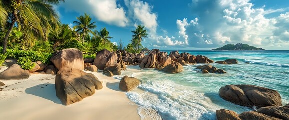 Wall Mural - Tropical beach with white sand, turquoise water, and palm trees.