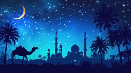 Wall Mural - Night Sky with Camel Silhouette and Mosque