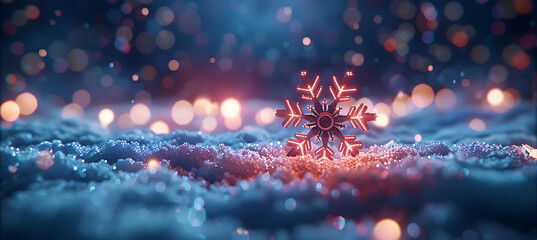 Winter Greetings neonthemed Holiday Card where 3D neon snowflake floats above frosted 2D surface leaving upper right corner spacious area custom message subtly enhanced 4D reflections 5D ambient glow