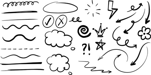 Poster - Set of hand-drawn arrows, circles and lines. Collection of hand drawn arrows on a transparent background. Vector arrow icons
