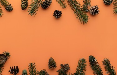 Orange Background Pine Branches & Cones