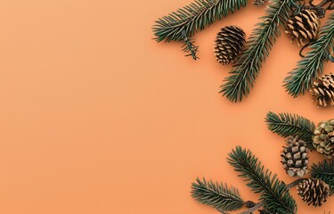 Minimalist Pine Branches & Cones on Orange