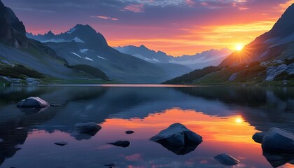 Wall Mural - Tranquil Sunset Reflections on a Serene Mountain Lake with Expansive Sky and Peaceful Landscape