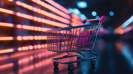 Shopping cart in supermarket aisle. Buying food in grocery store.