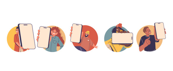 Isolated Vector Round Icons Or Avatars With Cartoon Characters Holding A Mobile Phones With Blank Screens