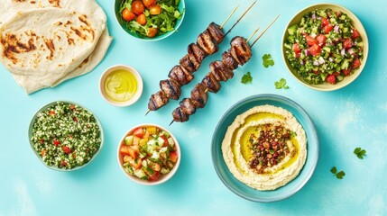 A vibrant spread of Middle Eastern dishes including kebabs, hummus, and fresh salads.