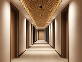 Modern hotel corridor with wooden accents