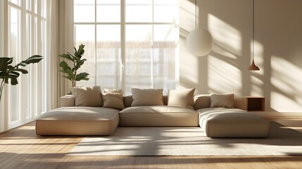 Cozy and inviting modern living room with large windows allowing natural sunlight to stream in creating a peaceful and serene atmosphere