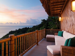 Bamboo balcony with ocean sunset view.