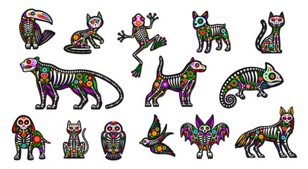 Day of the Dead mexican sugar animal skull tattoos. Dead Halloween skeletons of vector cats and dogs, owl, toucan and hummingbird, jaguar, frog, lizard and chameleon with Mexico flower patterns