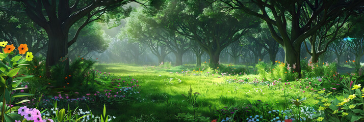 Wall Mural - Forest Fantasia: A lush green game show backdrop with trees and flowers, evoking a serene and enchanting forest setting.