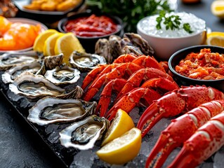 A vibrant seafood buffet spread with fresh oysters, lobster, shrimp, and crab legs, served with lemon wedges and various dipping sauces on ice beds