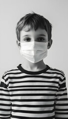  A vertical close-up of a young boy in a striped shirt and mask, captured in black and white against a white background.