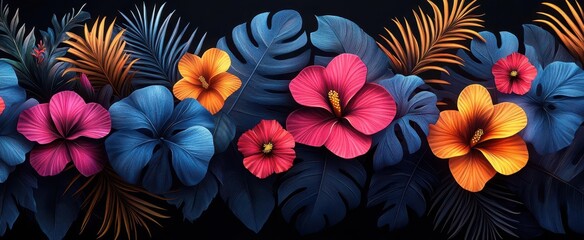 modern tropical pattern with bold geometric palm leaves and exotic flowers in vivid neon colors on sleek black background