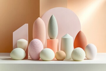 Wall Mural - a modern composition of decorative eggs and geometric shapes in soft pastel colors set against a min