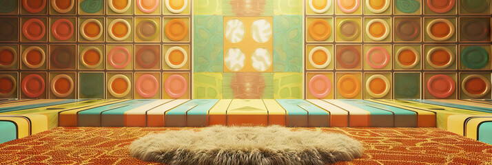 Poster - Retro Revival: A vintage game show background reminiscent of the 1970s, featuring a groovy psychedelic pattern and a shaggy rug underfoot.