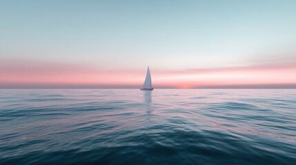 A calm ocean with gentle waves, a distant sailboat on the horizon, the sky a gradient of blue and pink