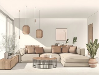 A beautifully designed modern minimalist living room with a comfortable L shaped sofa warm neutral toned decor and natural elements like plants and a woven rug