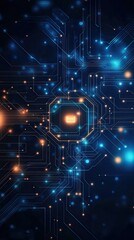 Wall Mural - abstract digital circuit design with glowing elements in blue and orange tones, ideal for technology