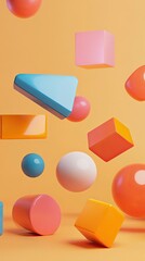 Wall Mural - Colorful geometric shapes floating against a vibrant background, perfect for creative designs and playful concepts.