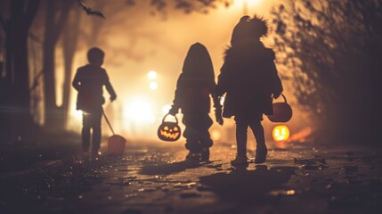 Children in Creative Costumes Trick-or-Treating in a Quaint, Candlelit Neighborhood on Halloween Night, Foggy Moonlit Atmosphere