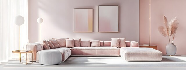 Wall Mural - Cozy and inviting modern living room with a large comfortable sectional sofa plush velvet upholstery mid century modern furniture soft and diffused lighting detailed digital painting in pastel hues