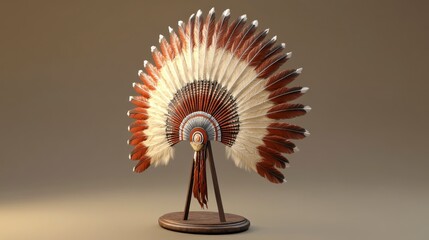 A feathered headdress in vibrant colors, displayed on a ceremonial stand, warm evening light