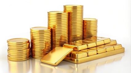 Gold bars and coins are stacked forming a growing chart on white background