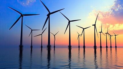 A floating offshore wind farm harnessing energy from the ocean, massive turbines spinning under a bright sky