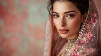 Glamorous Portrait of a Woman in a Lace Headscarf with Brown Eyes