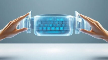 A futuristic wearable device projecting a holographic keyboard and screen, user typing mid-air, minimalistic home setting