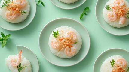 Wall Mural - A visually appealing arrangement of shrimp on rice served on small plates.