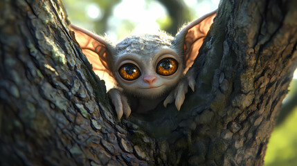 Poster - An adorable, cute, big-eyed tree goblin or gargoyle. you will fall in love when you look into their eyes. this is a generative ai photo. Goblin. Illustration