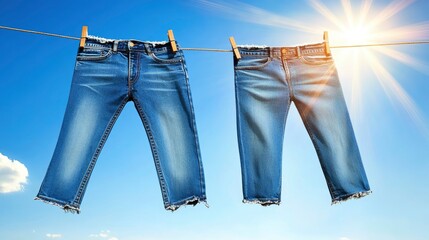 A pair of denim jeans with frayed edges, hanging on a clothesline, bright afternoon sunlight