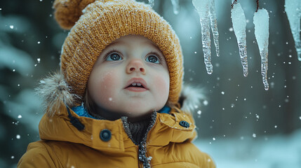 Wall Mural - 
A toddler in a snowsuit exploring a winter forest, staring curiously at icicles hanging from a tree branch above